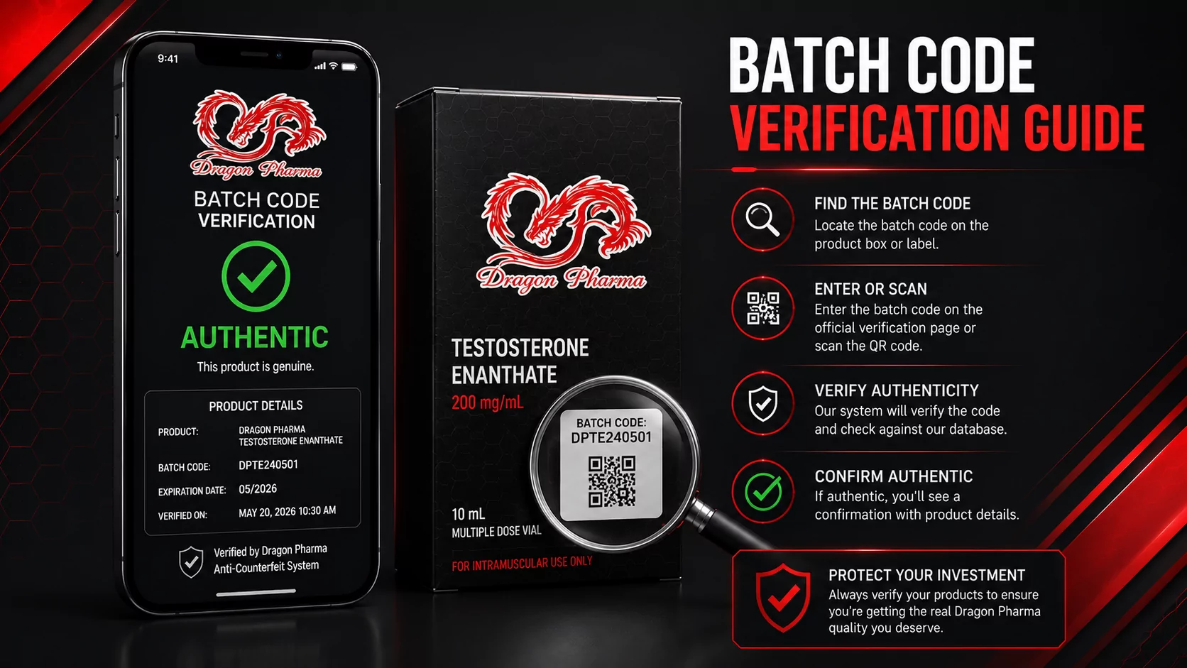 Batch code verification guide showing a smartphone scanning a QR code with green checkmark confirming authenticity and shield icon for protection.