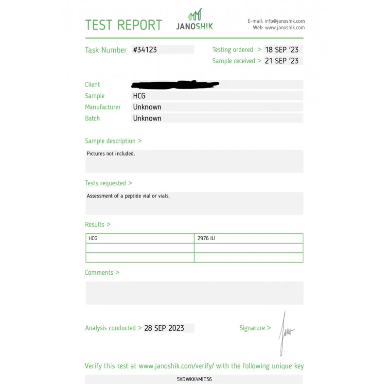 Lab test certificate for Dragon Pharma HCG 2500 IU showing 2976 IU result